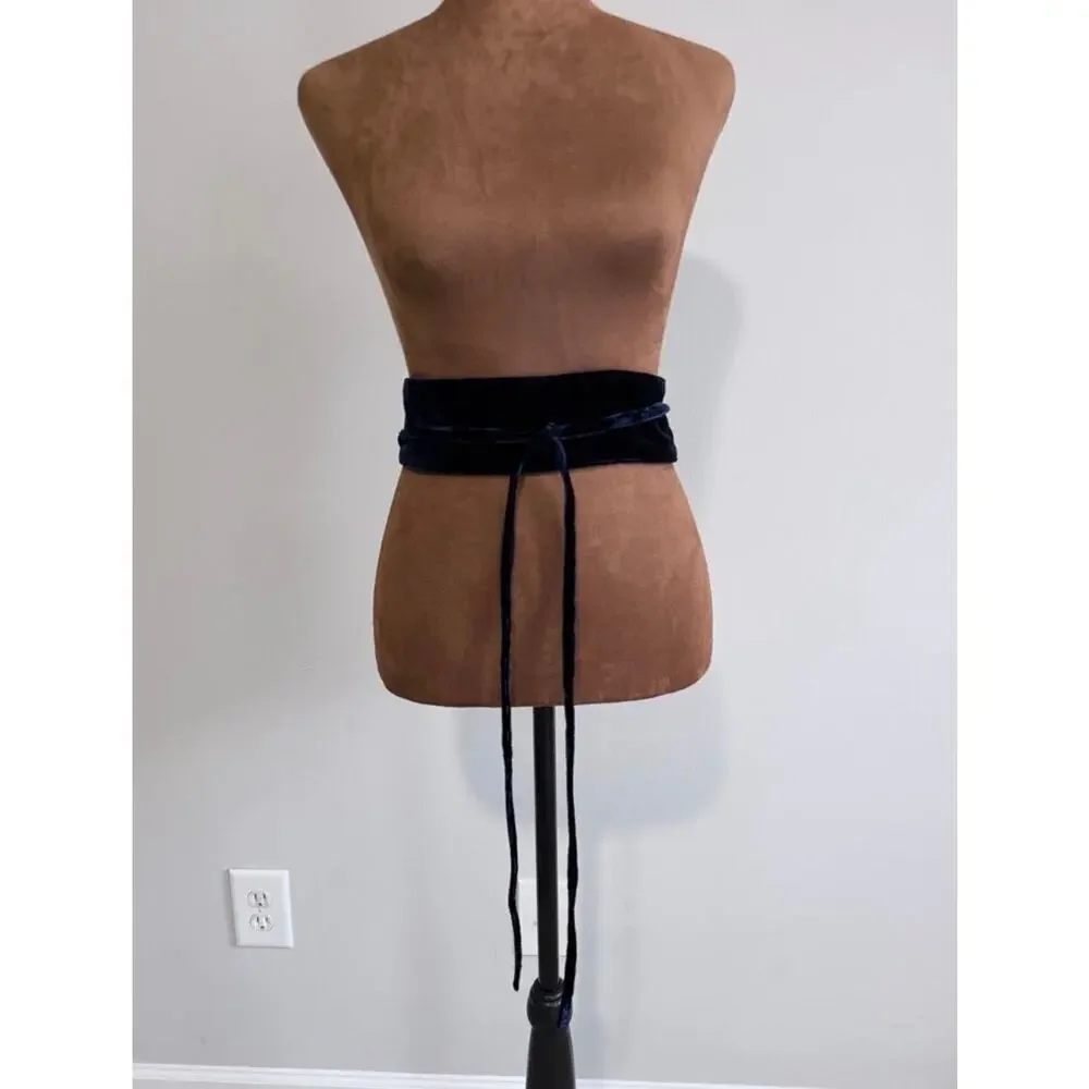Eileen Fisher Velvet Wrap Belt Navy Blue Silk Blend Obi Sash Size L NWT $78